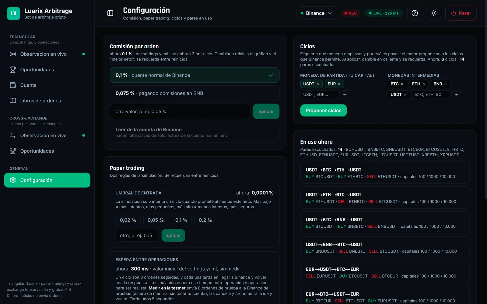 Configuración: Comisión, umbral, espera entre órdenes y ciclos en caliente